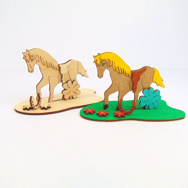  - Pferd mit Hufeisen und Kleeblatt, Bastelset aus Holz zum Bemalen