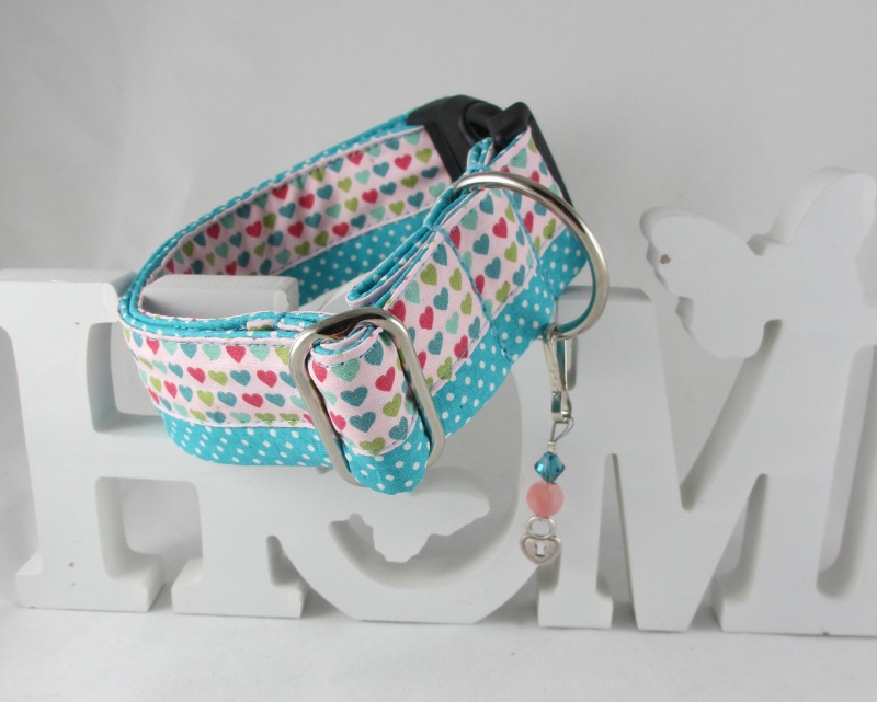  - Hundehalsband Mein Herz türkis/rosa Halsband Hund verstellbar mit Klickverschluss Kunststoff oder Metall (Alu)