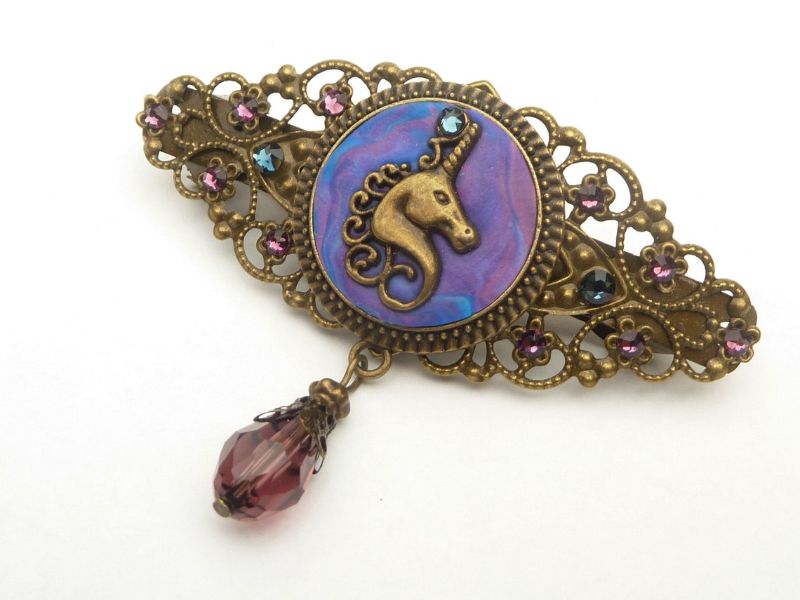  - Fantasy Haarspange mit Einhorn Motiv lila bronze Unikat Haarschmuck Geschenkidee Mädchen