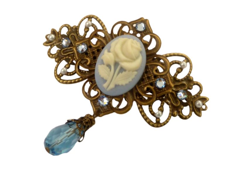  - Kamee Haarspange im Antik Stil mit Rose blau bronzefarben Geschenkidee Frau