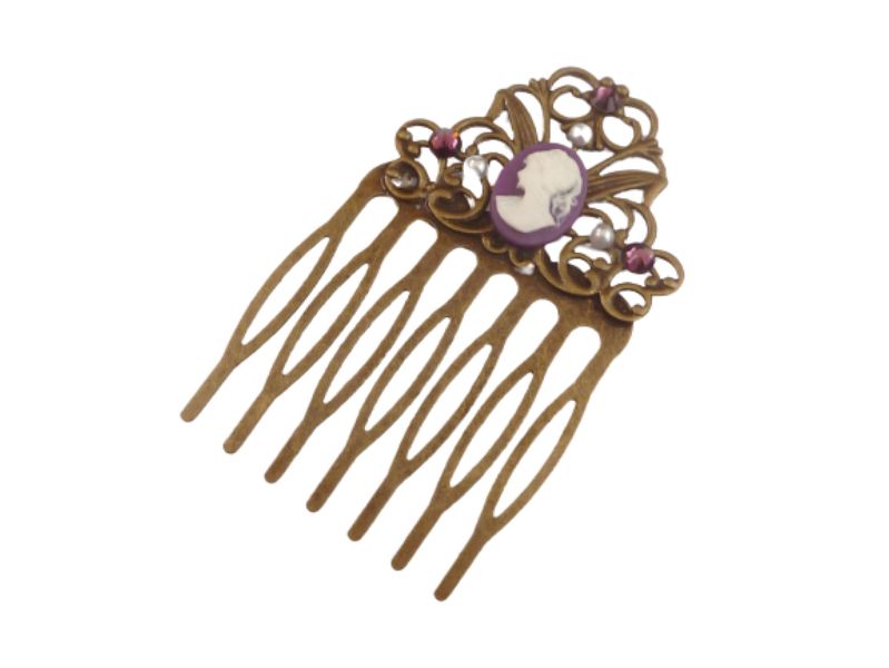  - Kleiner Haarkamm mit Kamee lila bronzefarben vintage Stil Haarschmuck Braut festliches Haar Accessoire