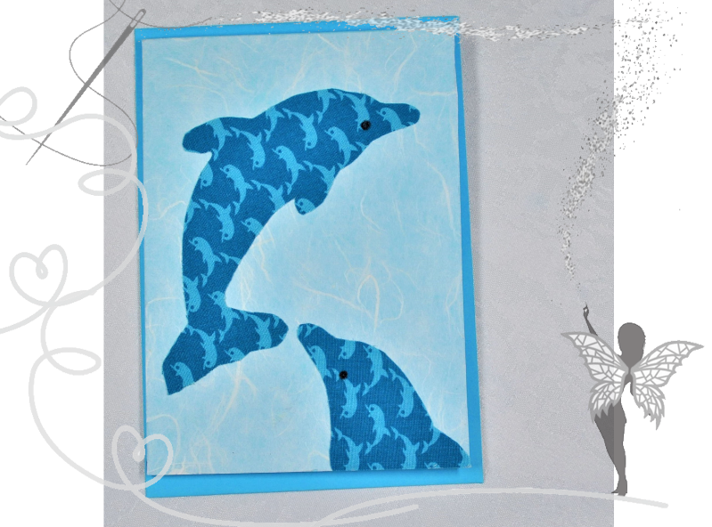  - Handgemachte Grußkarte mit Delphinen aus Stoff, für jeden Anlass