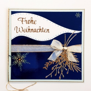 Weihnachtskarte, Frohe Weihnachten, Weihnachtsgrüße Festtagskarte, Handarbeit Heiligabend Blau-Metallic mit Gold