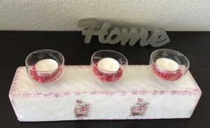 Kerzenständer breit Holz für Balkon und Terrasse ,inkl Gläser,Teelichter und Granulat - Rosen romantisch