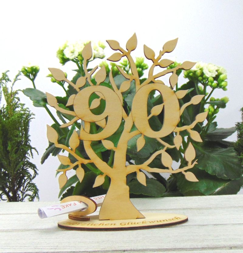  - Lebensbaum aus Holz 90. Geburtstag, Personalisierte Tischdeko aus Holz mit Gravur Geldgeschenk Gutscheingeschenk