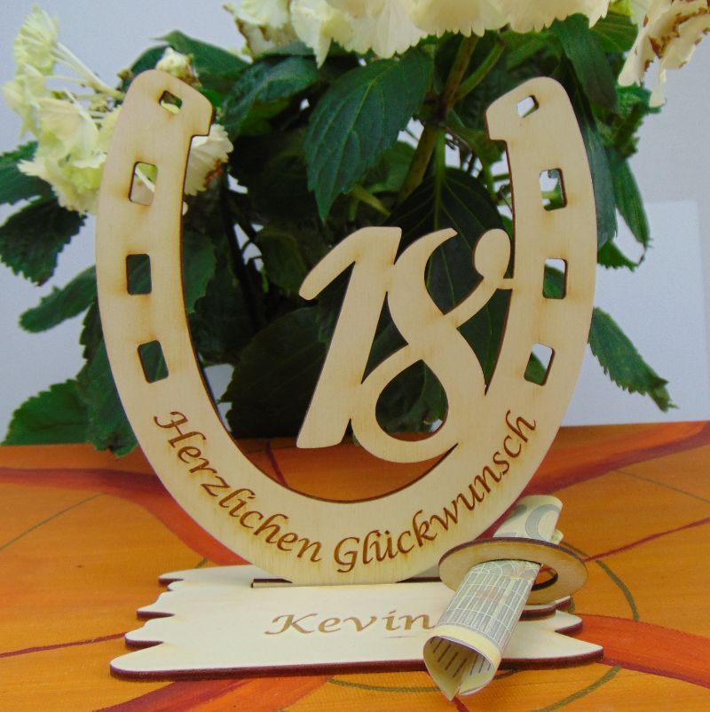 Personalisiertes Geschenk zum 18. Geburtstag, Hufeisen 15 cm aus