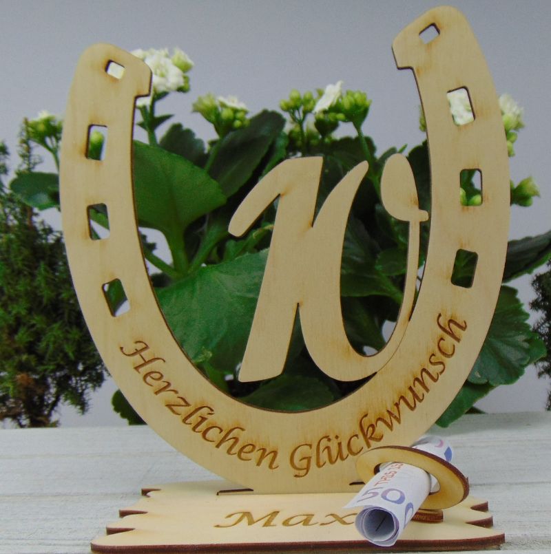 Kleeblatt Herzlichen Glückwunsch zum Führerschein Höhe 11,7 cm aus  Naturholz mit Unterplatte, Geschenk zum Führerschein