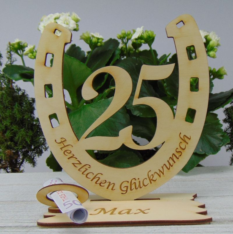 Personalisiertes Geschenk zum 25. Geburtstag, Hufeisen 15 cm aus Holz mit  Geldscheinhalter und Gutscheinhalter