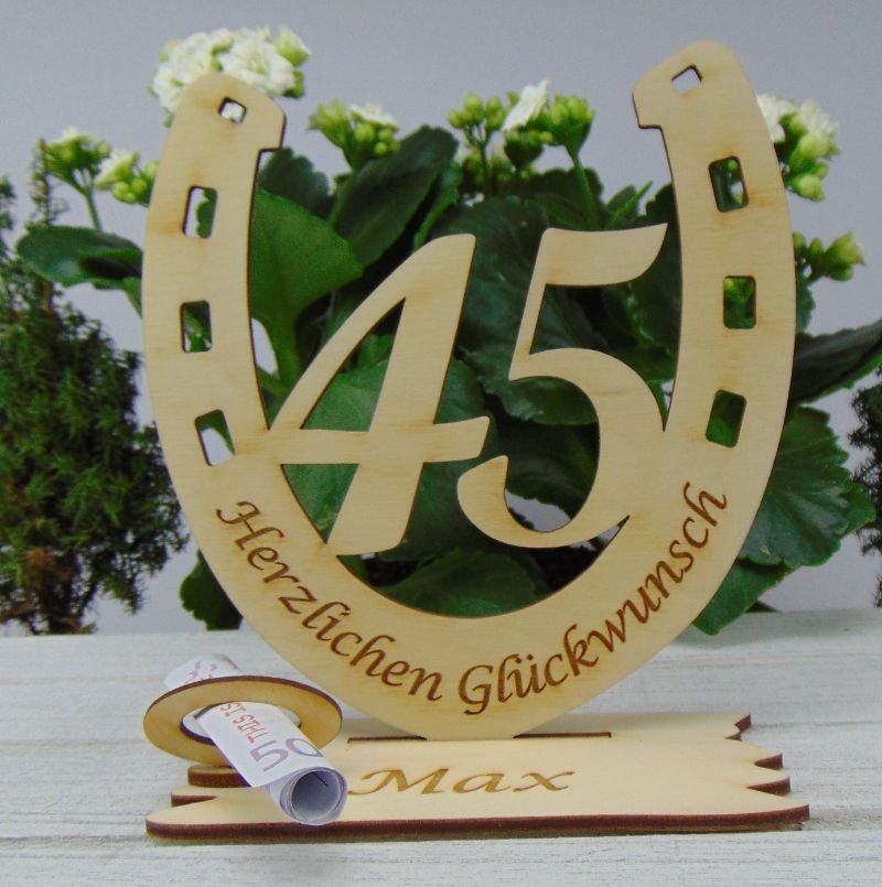 Personalisiertes Geschenk zum 45. Geburtstag, Hufeisen 15 cm aus Holz mit  Geldscheinhalter und Gutscheinhalter