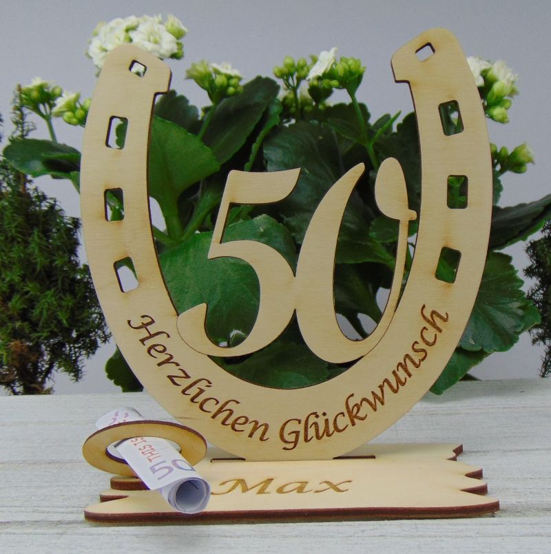 Personalisiertes Geschenk zum 50. Geburtstag, Hufeisen 15 cm aus Holz mit  Geldscheinhalter und Gutscheinhalter