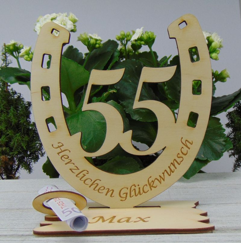 Personalisiertes Geschenk zum 55. Geburtstag, Hufeisen 15 cm aus Holz mit  Geldscheinhalter und Gutscheinhalter