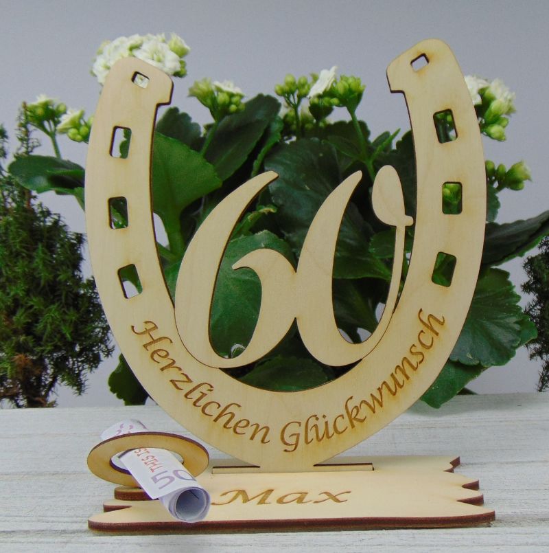  - Personalisiertes Geschenk zum 60. Geburtstag, Hufeisen 15 cm aus Holz mit Geldscheinhalter und Gutscheinhalter