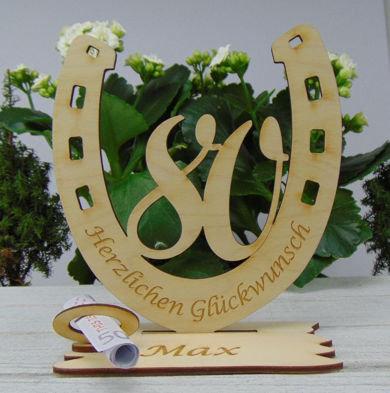  - Personalisiertes Geschenk zum 80. Geburtstag, Hufeisen 15 cm aus Holz mit Geldscheinhalter und Gutscheinhalter
