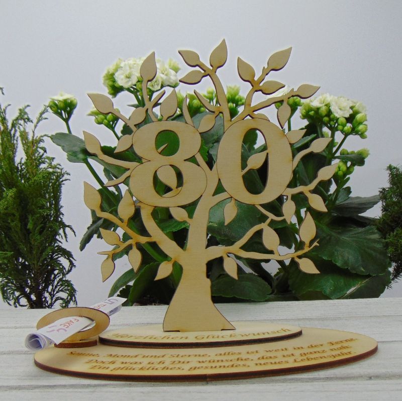 Zum 80. Geburtstag als Tischdekoration, Gutscheingeschenk oder  Geldgeschenk, Personalisiert aus Holz zum verschenken, Baum 16 cm hoch