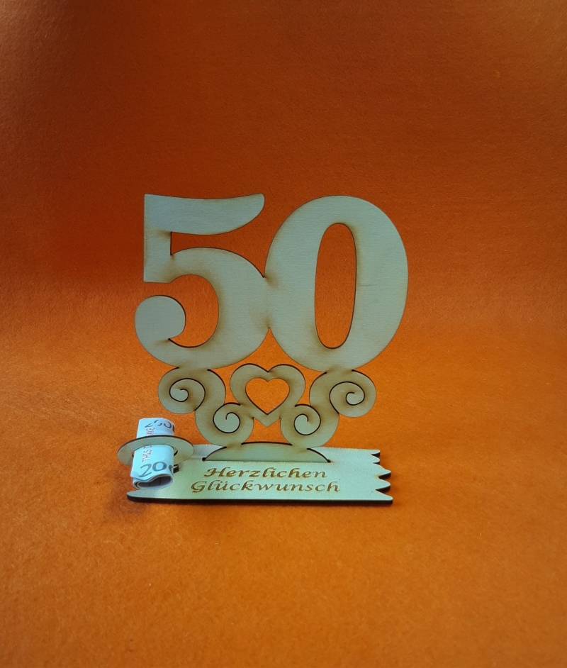  - Geburtstagsgeschenk ★ Tischaufsteller mit der Zahl 50 ★ Tischdekoration, Geldgeschenk, Naturholz graviert