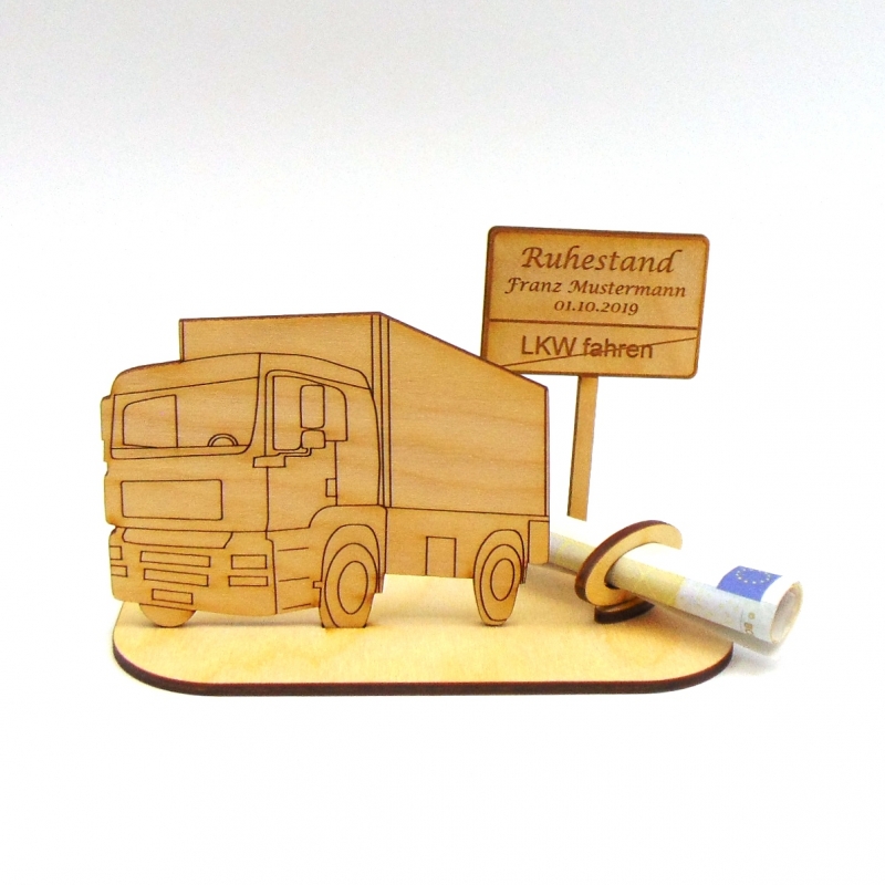  -  Geldgeschenk ★ Lastwagen aus Holz mit personalisiertem Schild 