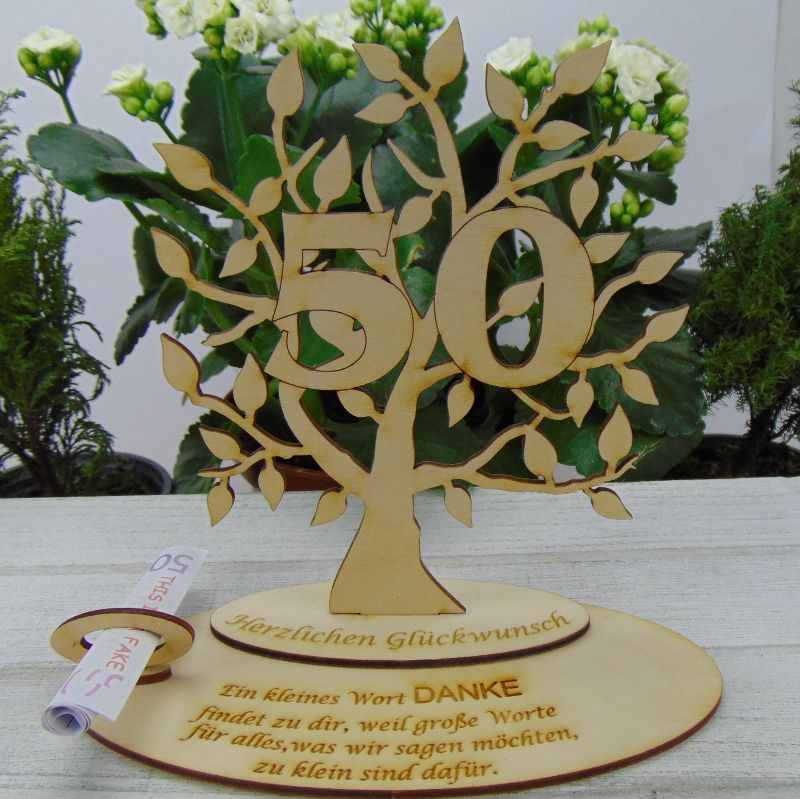 Lebensbaum zum 50. Geburtstag/Jubiläum oder zur Goldenen Hochzeit ☆ Geld-  und Gutscheingeschenk ☆ mit Personalisierung ☆ Holz ☆ Baum 16 cm hoch