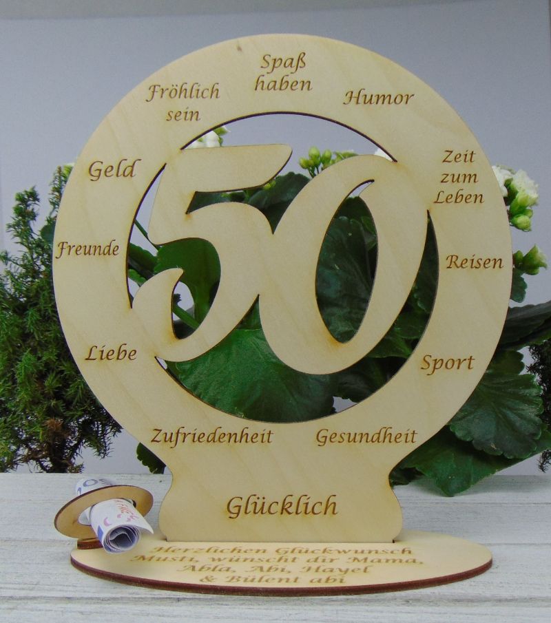  - 50. Geburtstag Geldgeschenk graviertes Birkenholz Personalisierte Tischdekoration mit Wunschtext