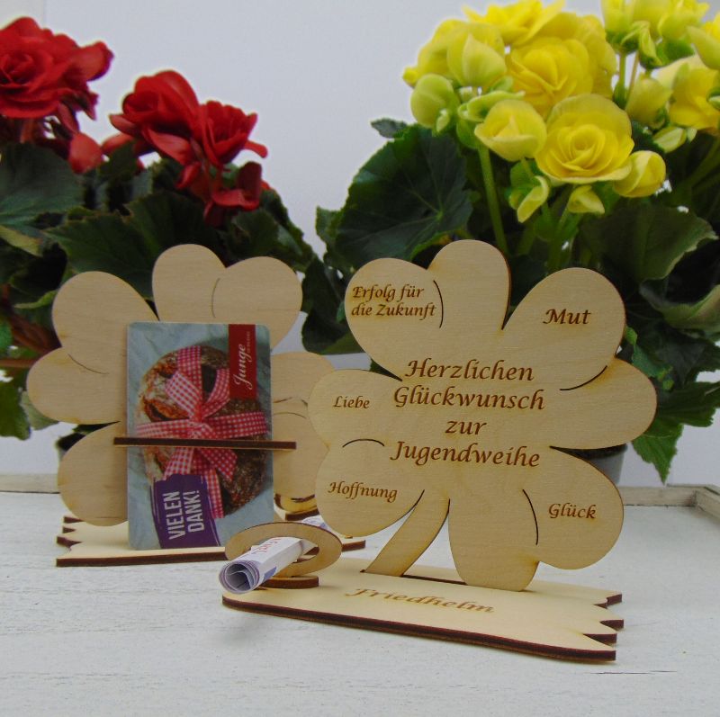  - zur Jugendweihe Geschenk für Jungs und Mädchen Naturholz graviert mit Namen  Geldgeschenk ♥ Personalisierung ♥ Kleeblatt 11,7 cm aus Holz 