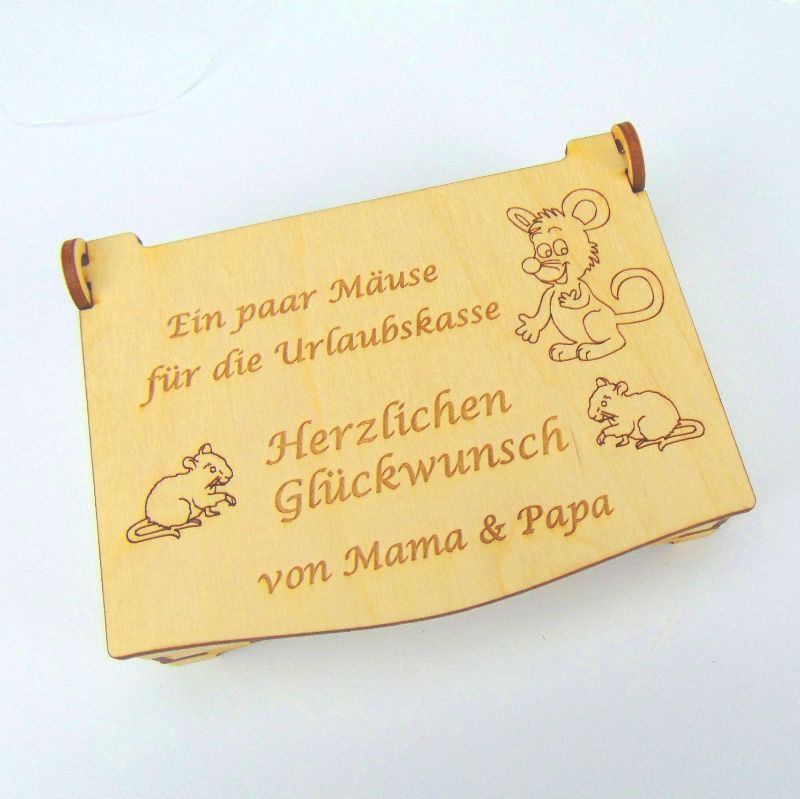  - Geschenk zum Geburtstag Schatulle Geld für die Urlaubskasse ein paar Mäuse Holz B3-GST06 