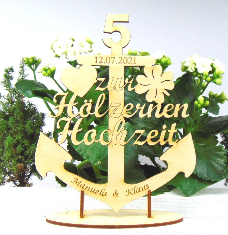 Hölzerne Hochzeit Anker Maritim Personalisiertes Hochzeitsgeschenk ♥ 17,5  cm mit Ständer zum Hinstellen