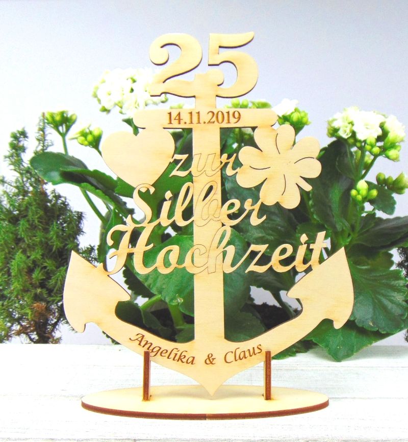 Silberhochzeit Anker Maritim Personalisiertes Hochzeitsgeschenk ♥ 17,5 cm  mit Ständer zum Hinstellen
