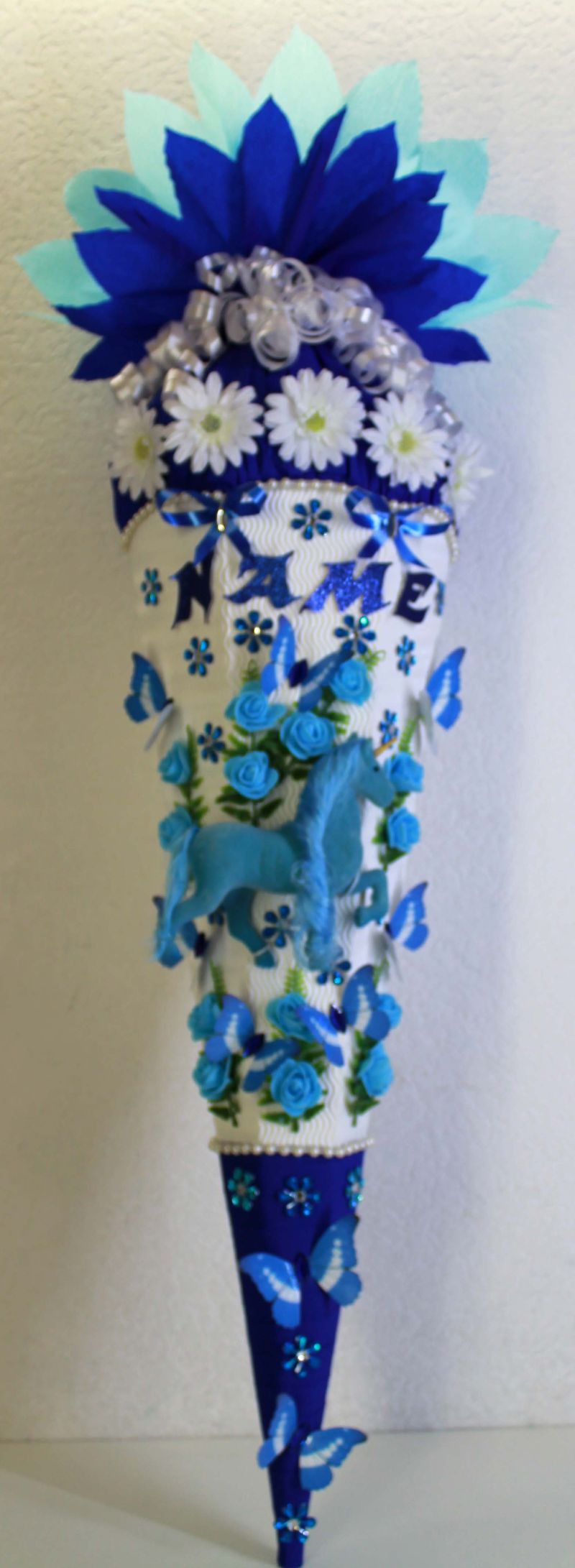  - Schultüte Zuckertüte Pferd Schmetterlinge Pferdchen Einhorn für Mädchen VERSANDBEREIT in blau türkis weiß