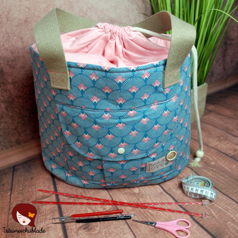 Shopper Handarbeit Projekt Tasche Groß mit Kordelzug Baumwolle Canvas  Pastel Turkis Rosa Fächermuster