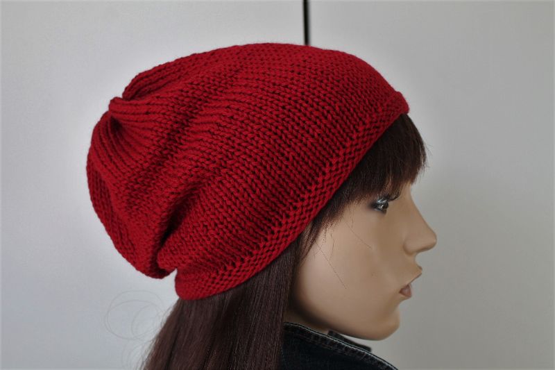  - Beanie in burgund rot für Frauen aus 100% Merinowolle beidseitig tragbar Mütze schlicht uni einfarbig neu weich Strickmütze handgestrickt Handarbeit uni schlicht Mütze Beanie,