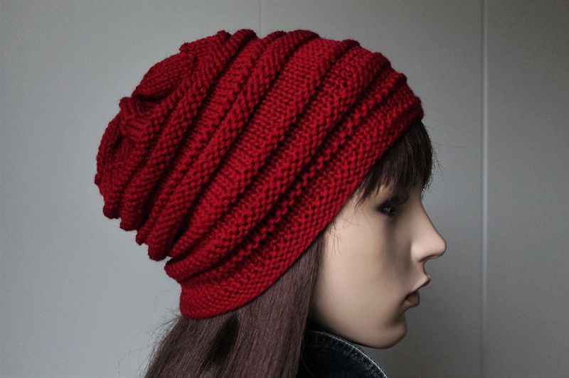  - Beidseitig tragbare Mütze aus 100% Merinowolle in burgund-rot für Damen handgestrickt Wollmütze rot Strickmütze neu freestyle Damenmütze aus reiner Wolle handmade