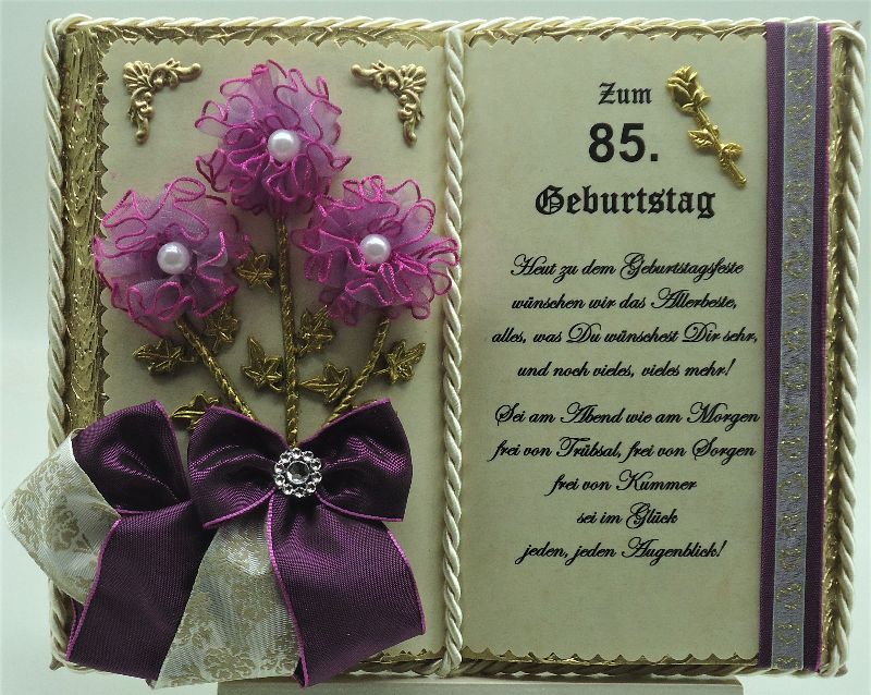 Wunderschönes, handgefertigtes Deko-Buch zum 85. Geburtstag (mit  Holz-Buchständer)