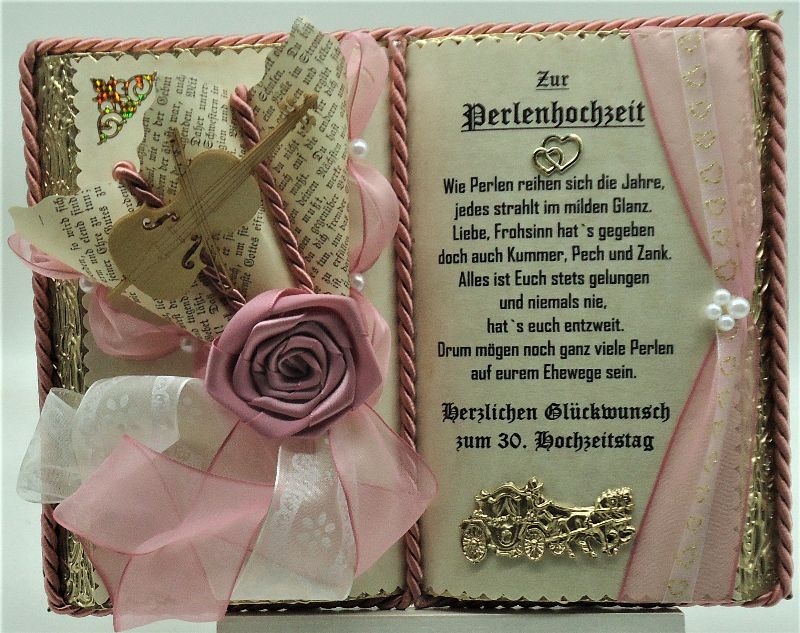  - Stilvolles Deko-Buch Perlenhochzeit (mit Holz-Buchständer) 30. Hochzeitstag