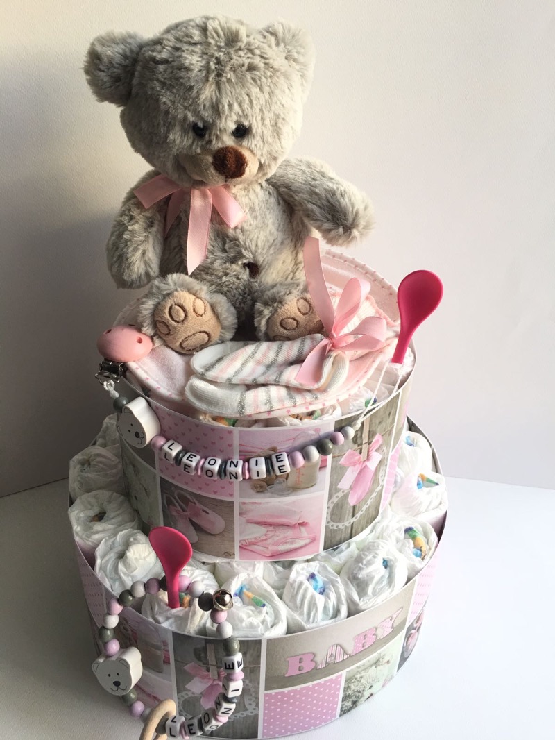 Windeltorte Baby Girl Mädchen Bär Teddy personalisiert mit Name Geschenk  Taufe Geburt Babyparty