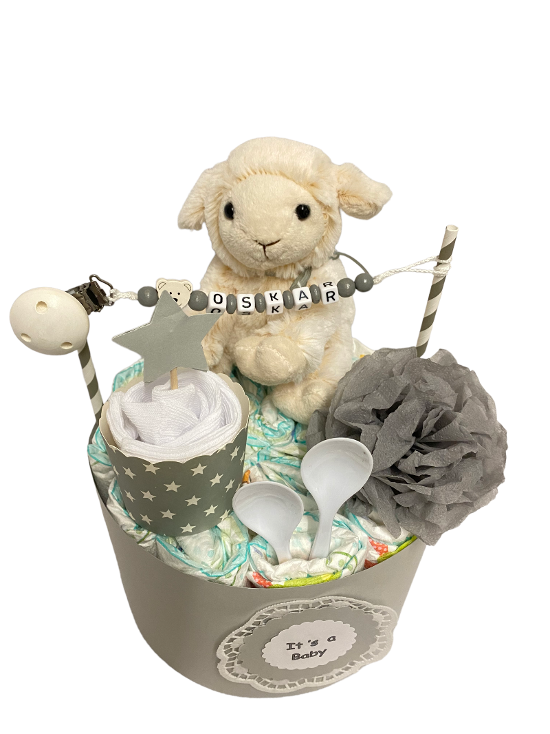 Windeltorte Minitorte Geburt geschenk taufe babyparty babyshower  schnullerketten baby boy Schaf Hund Teddy katze Kuchen rosa personalisiert  name (Kopie id: 100315996)