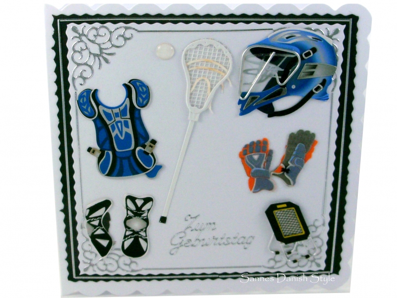 Lacrosse Grußkarte, Lacrosse Ausrüstung, Helm, Schutzhandschuhe,  Glückwunschkarte, Schicke Geburtstagskarte , ca. 15 x 15 cm