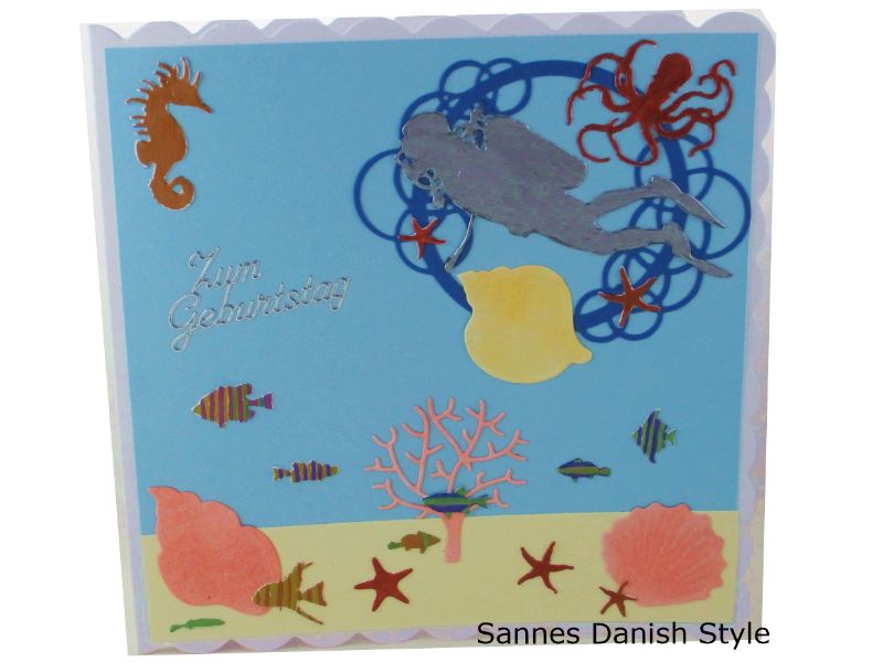  - Geburtstagskarte Taucher, Taucherkarte, Karte mit Taucher, Fische und Pflanzen, die Karte ist ca. 15 x 15 cm