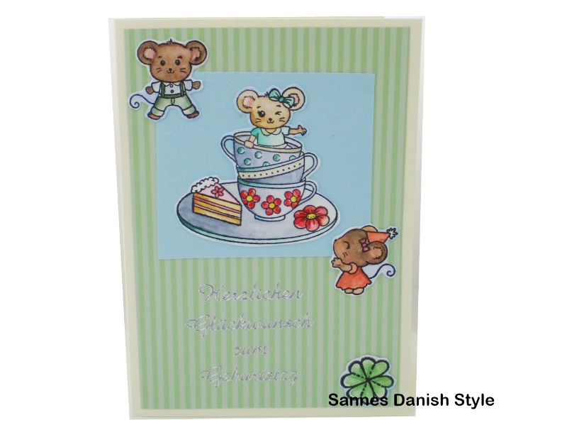  - Süße Mäuse Geburtstagskarte, mit Tassen und Kuchen, mit Stempelmotive, die Karte ist ca. 10,5 x 14,8 cm (DIN A6 )