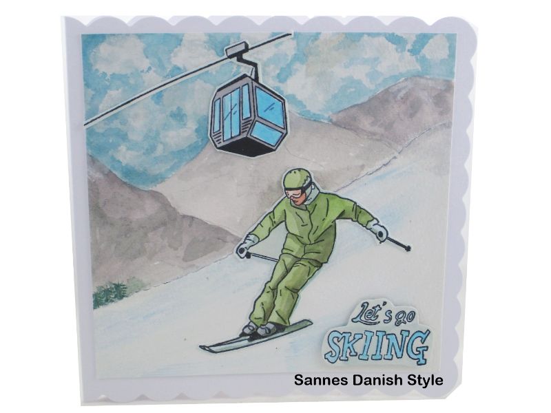 Glückwunschkarte für Skiurlauber, mit Skifahrerin, Piste und Berge, Gondel,  Einladungskarte oder Geldgutschein, die Karte ist ca. 15 x 15 cm