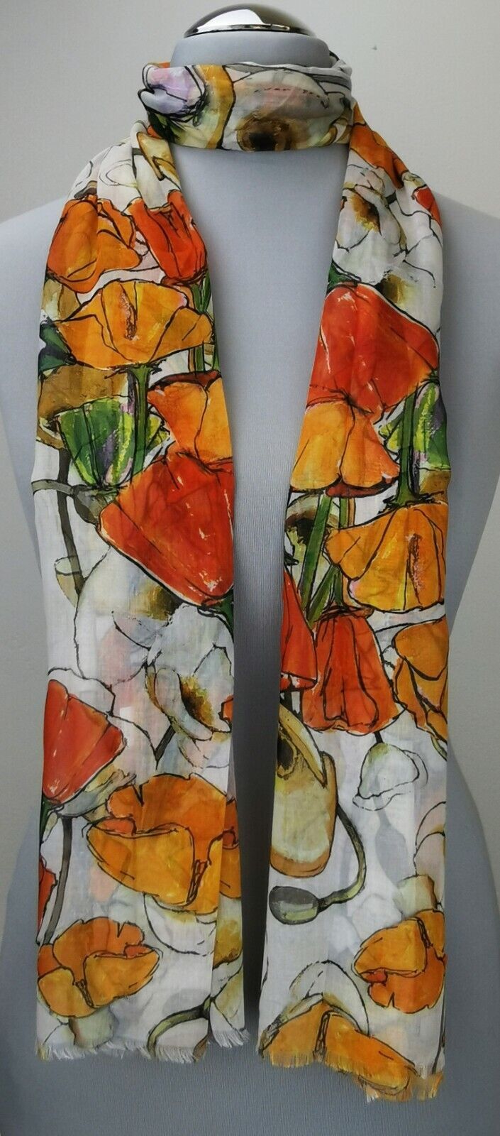 Leichter Damen-Schal, neu, 170 x 50 cm, weiß mit Blumenmuster, # 2232 