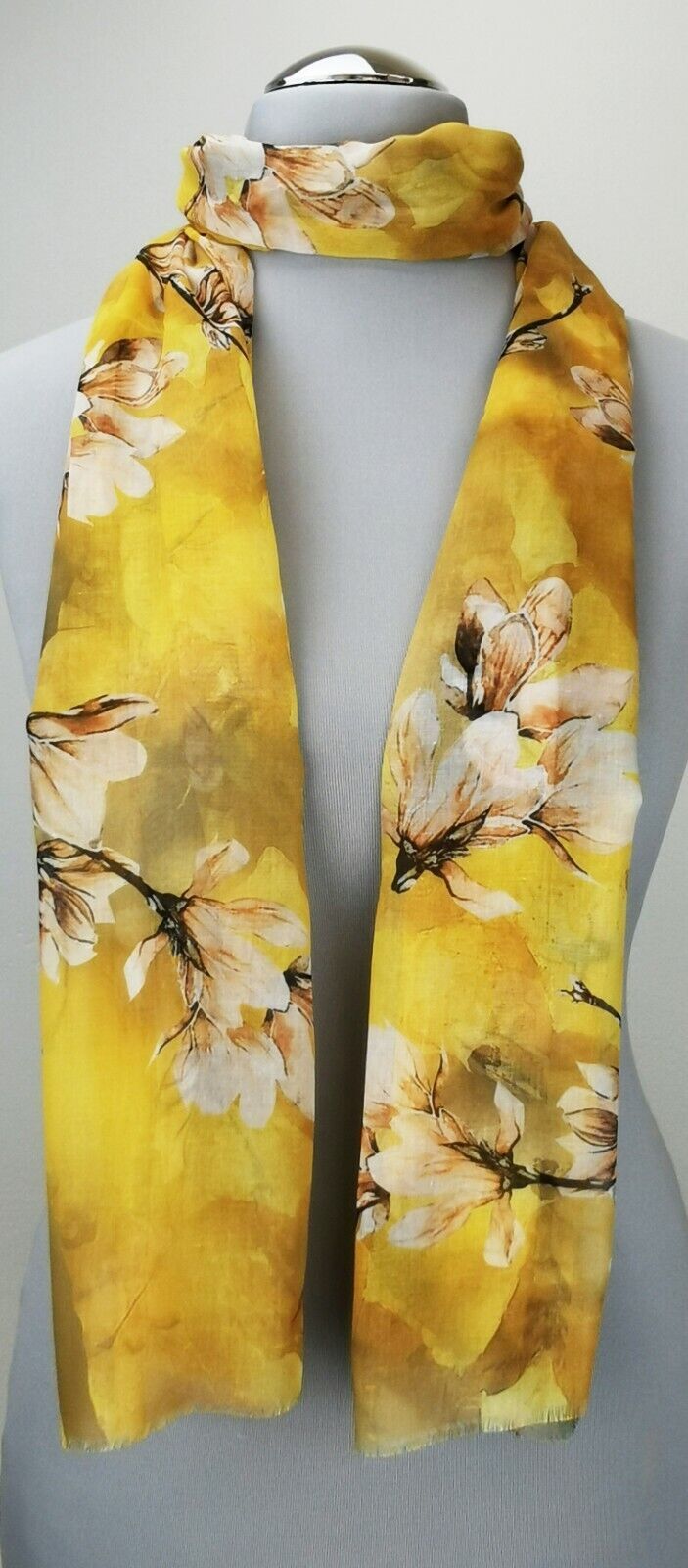 Leichter Damen-Schal, neu, 170 x 50 cm, gelb mit Blumenmuster, # 2232 
