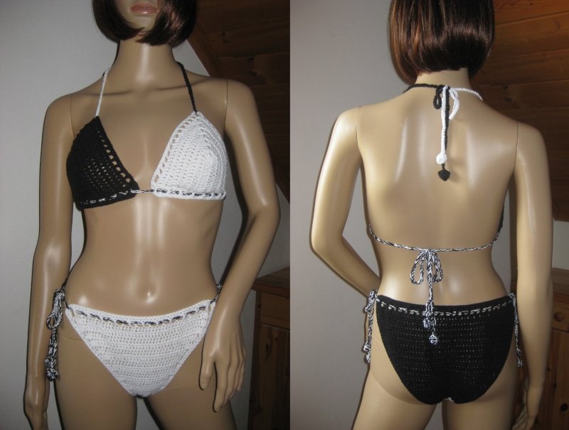  - Bikini, Häkelbikini in schwarz-weiß aus Baumwolle mit Elasthan