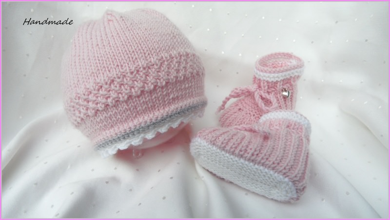  - Hangestricktes Neugeborenenset für Mädchen, Wolle (Merino), Rosa 