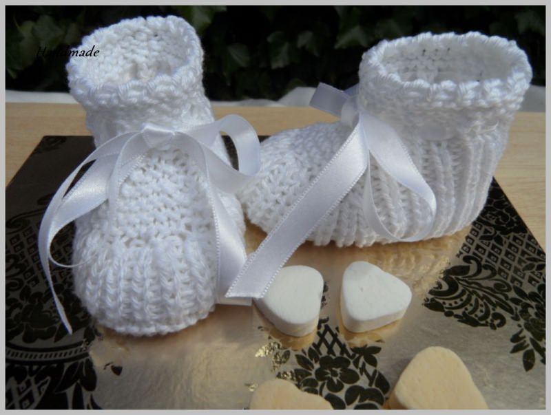  - Taufschuhe, Babyschuhe handgestrickt in weiß aus 100 % Baumwolle 