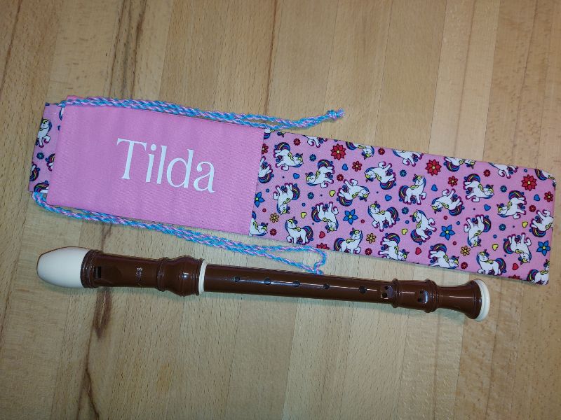  - Flötentasche mit Namen, Flötenbeutel - Einhorn Motive rosa (mit optionalen Zubehörfach / Fütterung / Halsband) 