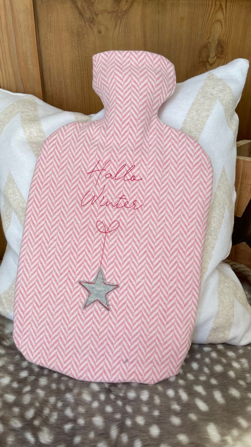 2000 ml Wärmflasche mit Kuschelbezug Jacquard-Sweat rosa mit  Fischgrätmuster bestickt Stern