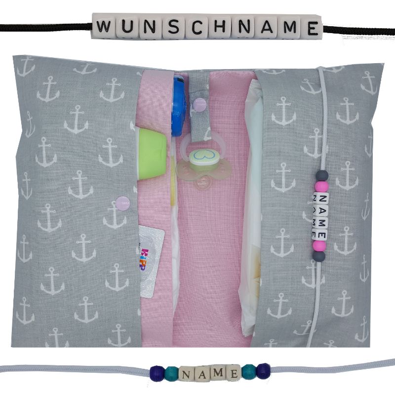 Windeltasche mit Name to go Wickeltasche XXL Anker maritim grau rosa  personalisiert Windeletui Geschenk Geburt Taufe Baby Mädchen