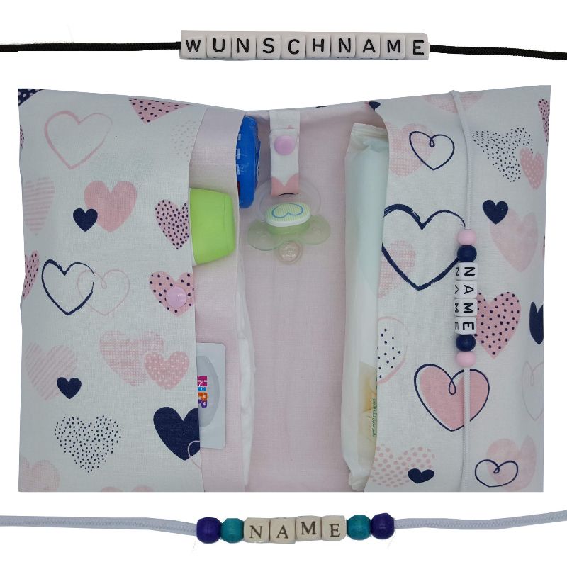 Wickeltasche mit Waffelpique Große Windeltasche für unterwegs mit Namen personalisiert für Mädchen Herzen weiß rosa 