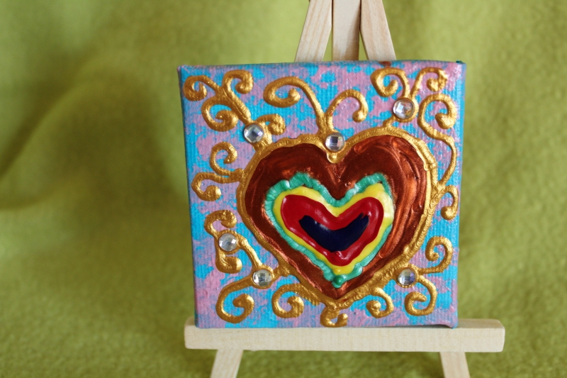  - Minibild REGENBOGENHERZERL Acrylmalerei Keilrahmen Staffelei Geschenk zu Muttertag Valentinstag für Verliebte   