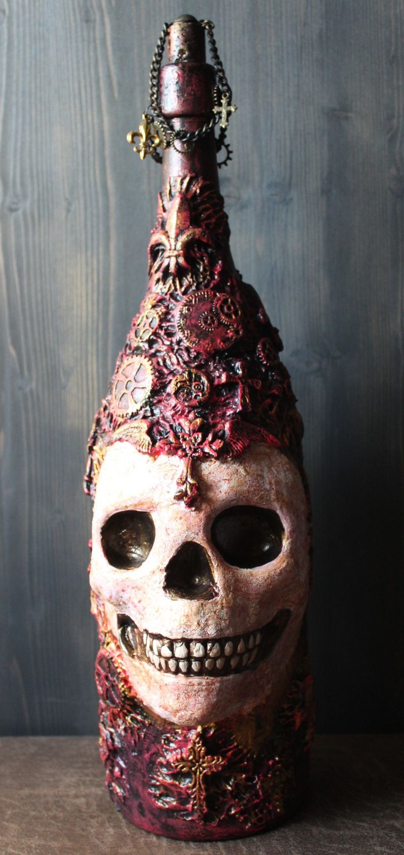 Totenkopf NEWBORN Acrylmalerei auf einer Glasflasche Gothic Steampunk Skull  Schädel Geschenk für Männer Upcycling Deko Bikergeschenk