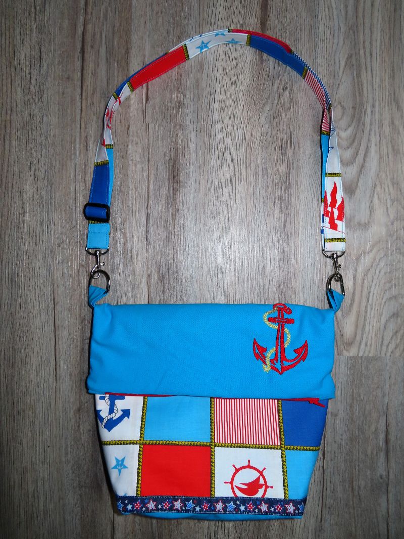 Handtasche Umhängetasche Folovertasche Bestickt Maritim Anker Baumwolle  Handmade Unikat Einzelstück